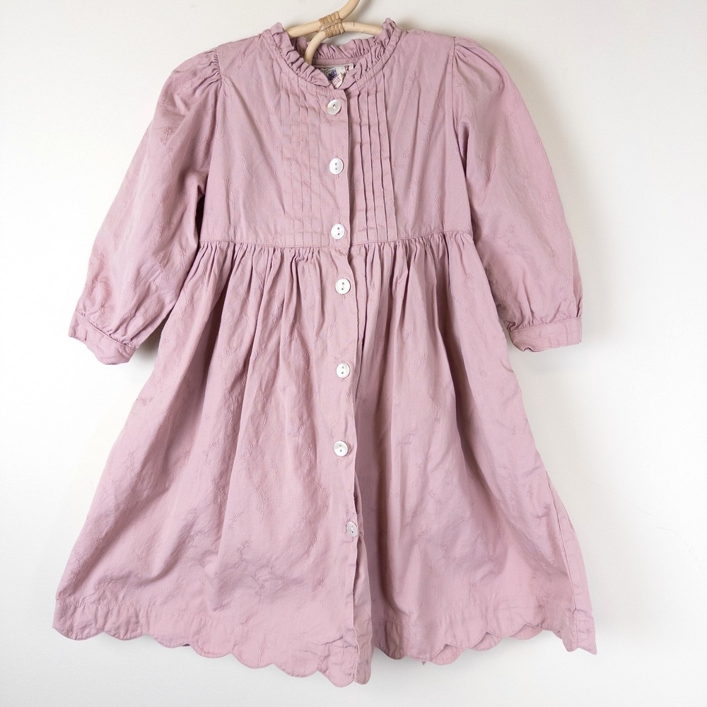 Vintage Cornelloki Dress Kids‎ 4 Pink Floral Jacquard Scalloped Hem Button Front